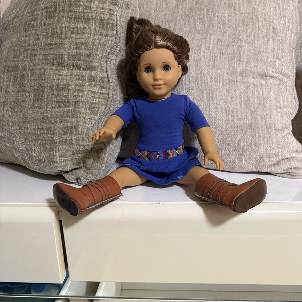 2 American Girl Dolls in Royal Blue Dress with Brown Boots great condition